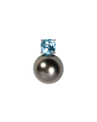 Pendant with a black Tahitian pearl and blue topaz on a white background