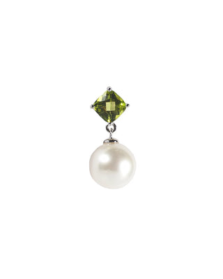 Pendant with a green peridot and white pearl on a white background