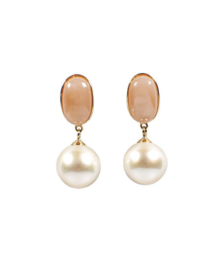 Pair of earrings with pearls and pink mothr of pearl on a white background