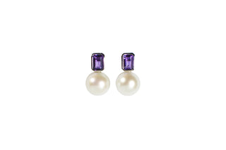 White pearl and purple amethyst earrings in white gold