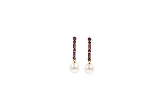 White freshwater pearl and deep red rhodolite garnet earrings in yellow gold